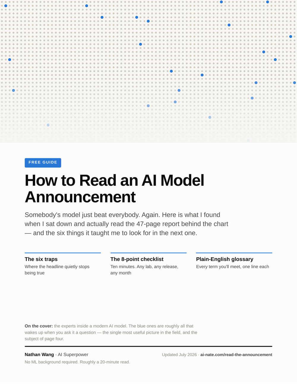 Cover of the guide: How to Read an AI Model Announcement, by Nathan Wang